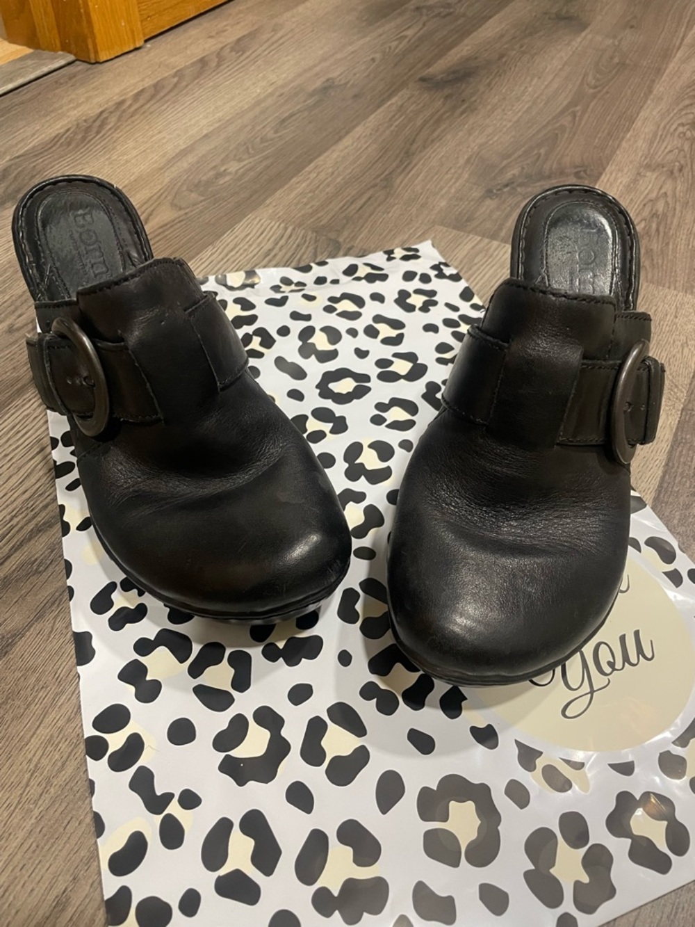 Born Black Leather Slip-On Clogs with Buckle